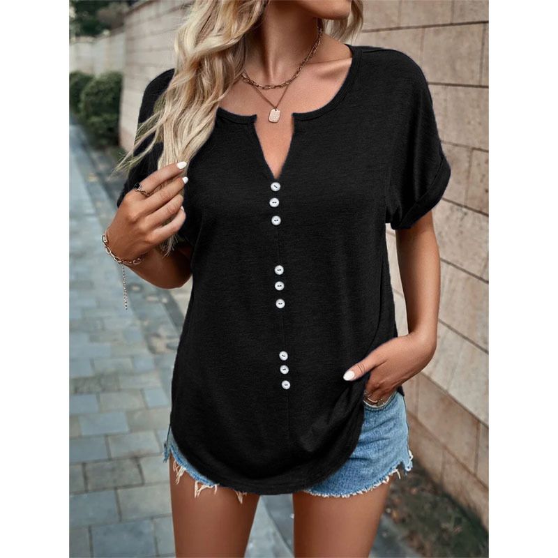 Hot selling new women's clothing in Europe and America, popular summer V-neck button short sleeves, solid color top T-shirt, fashionable and versatile