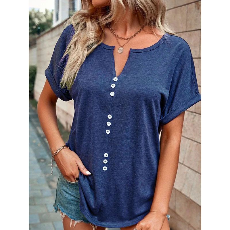 Hot selling new women's clothing in Europe and America, popular summer V-neck button short sleeves, solid color top T-shirt, fashionable and versatile