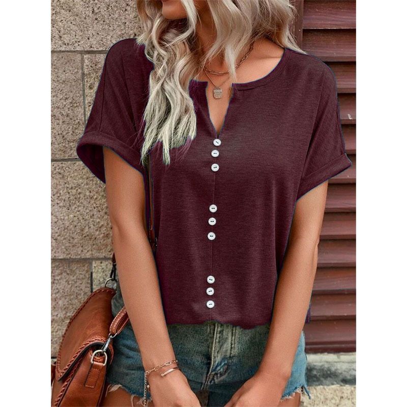 Hot selling new women's clothing in Europe and America, popular summer V-neck button short sleeves, solid color top T-shirt, fashionable and versatile