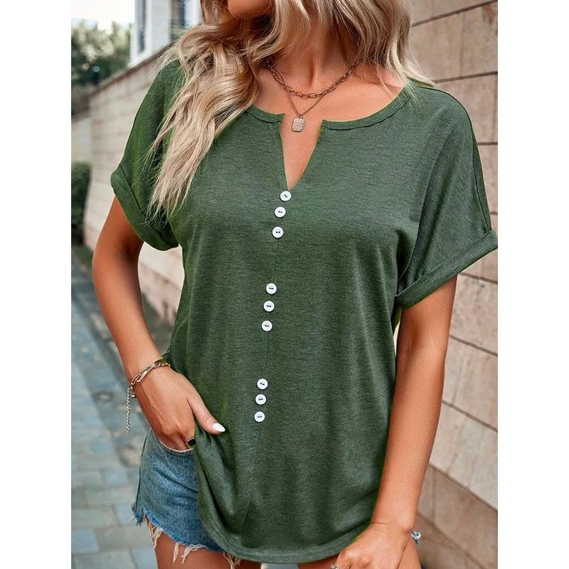 Hot selling new women's clothing in Europe and America, popular summer V-neck button short sleeves, solid color top T-shirt, fashionable and versatile
