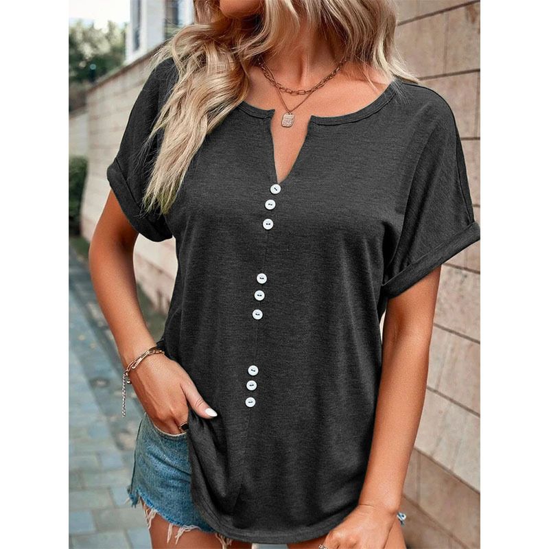 Hot selling new women's clothing in Europe and America, popular summer V-neck button short sleeves, solid color top T-shirt, fashionable and versatile