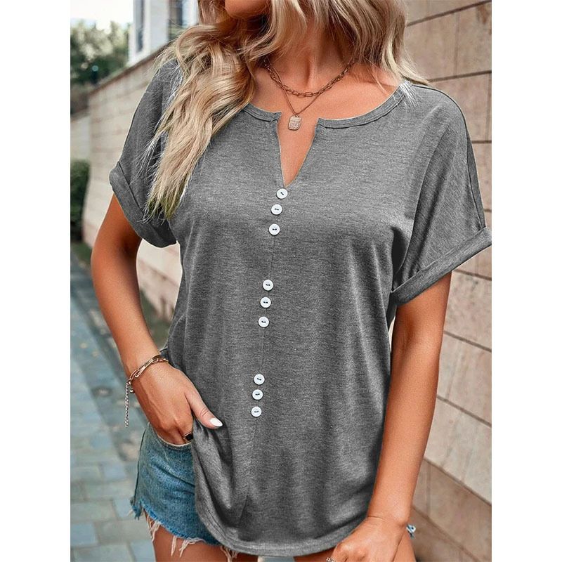 Hot selling new women's clothing in Europe and America, popular summer V-neck button short sleeves, solid color top T-shirt, fashionable and versatile