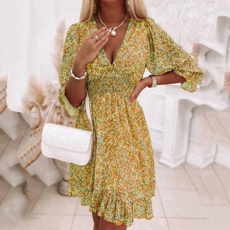 New summer dress, waist pull over bohemian mid length dress, printed short sleeved floral dress, V-neck casual half sleeve dress, dithering style