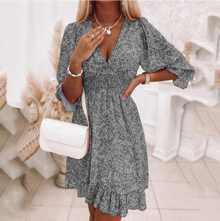 New summer dress, waist pull over bohemian mid length dress, printed short sleeved floral dress, V-neck casual half sleeve dress, dithering style