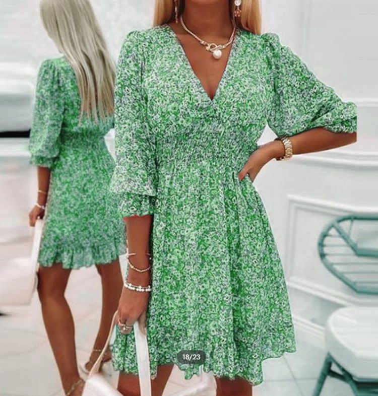 New summer dress, waist pull over bohemian mid length dress, printed short sleeved floral dress, V-neck casual half sleeve dress, dithering style