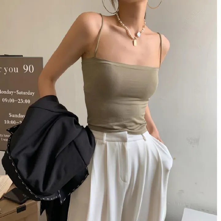 Solid color camisole vest for women with fixed chest pads for external wear, top without steel rings, thin strap as a base, long and thin strapless bra