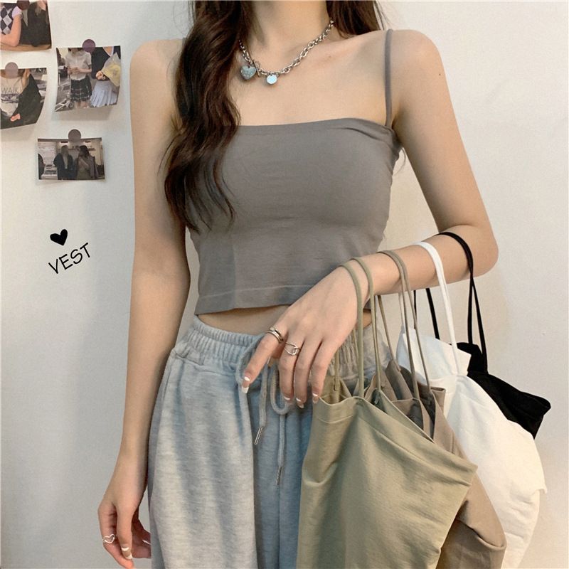 Solid color camisole vest for women with fixed chest pads for external wear, top without steel rings, thin strap as a base, long and thin strapless bra