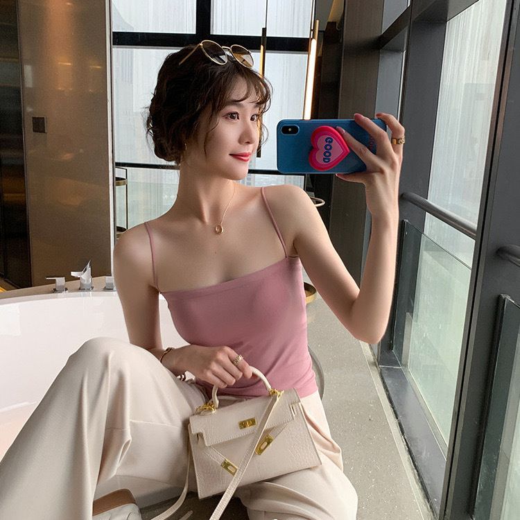 Solid color camisole vest for women with fixed chest pads for external wear, top without steel rings, thin strap as a base, long and thin strapless bra