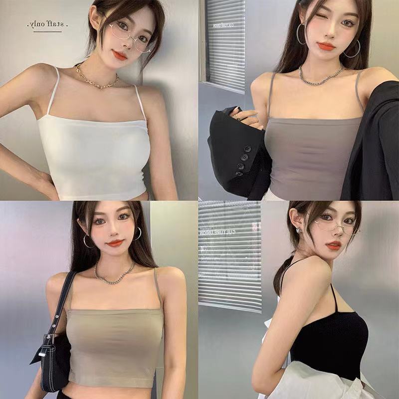 Solid color camisole vest for women with fixed chest pads for external wear, top without steel rings, thin strap as a base, long and thin strapless bra
