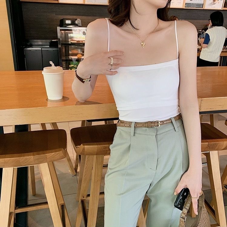 Solid color camisole vest for women with fixed chest pads for external wear, top without steel rings, thin strap as a base, long and thin strapless bra