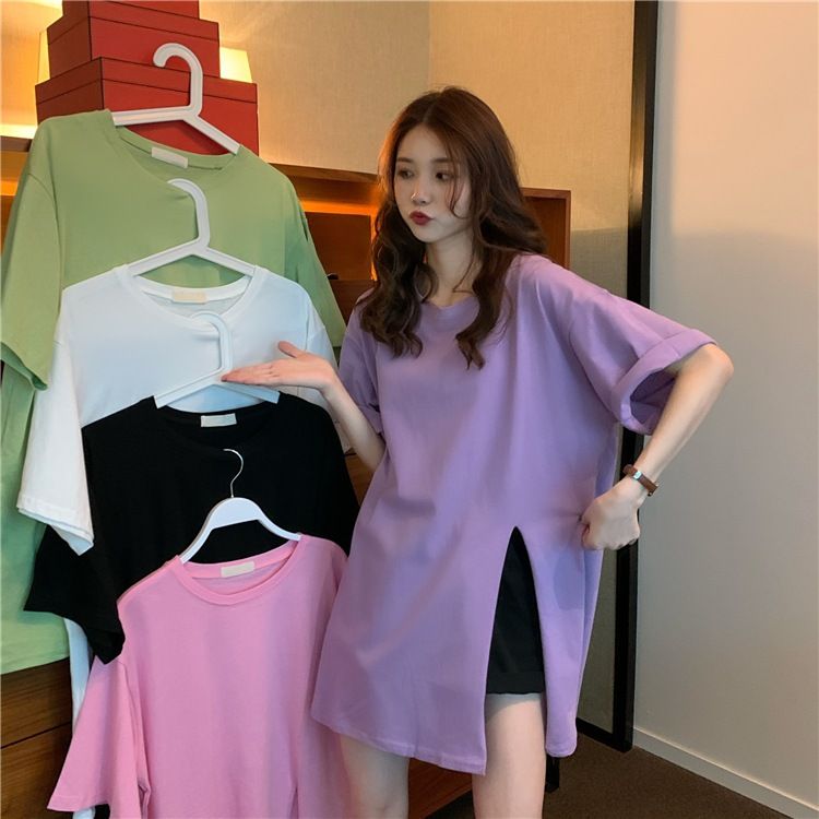 Pregnant women's T-shirt, summer Korean version, design sense, slit pregnant women's top, loose medium length, solid color, short sleeved T-shirt, trendy