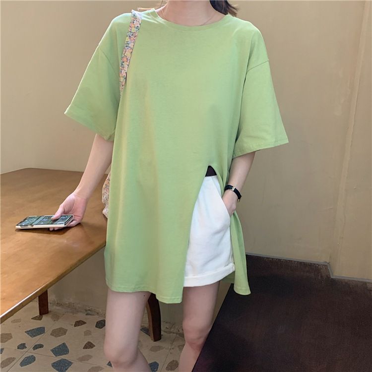 Pregnant women's T-shirt, summer Korean version, design sense, slit pregnant women's top, loose medium length, solid color, short sleeved T-shirt, trendy