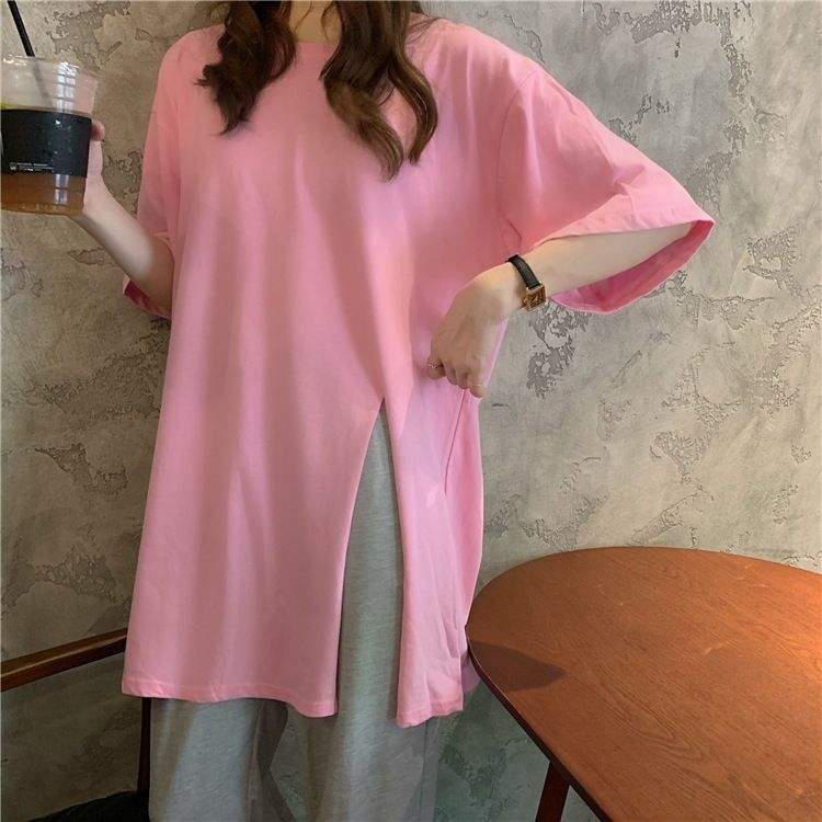 Pregnant women's T-shirt, summer Korean version, design sense, slit pregnant women's top, loose medium length, solid color, short sleeved T-shirt, trendy