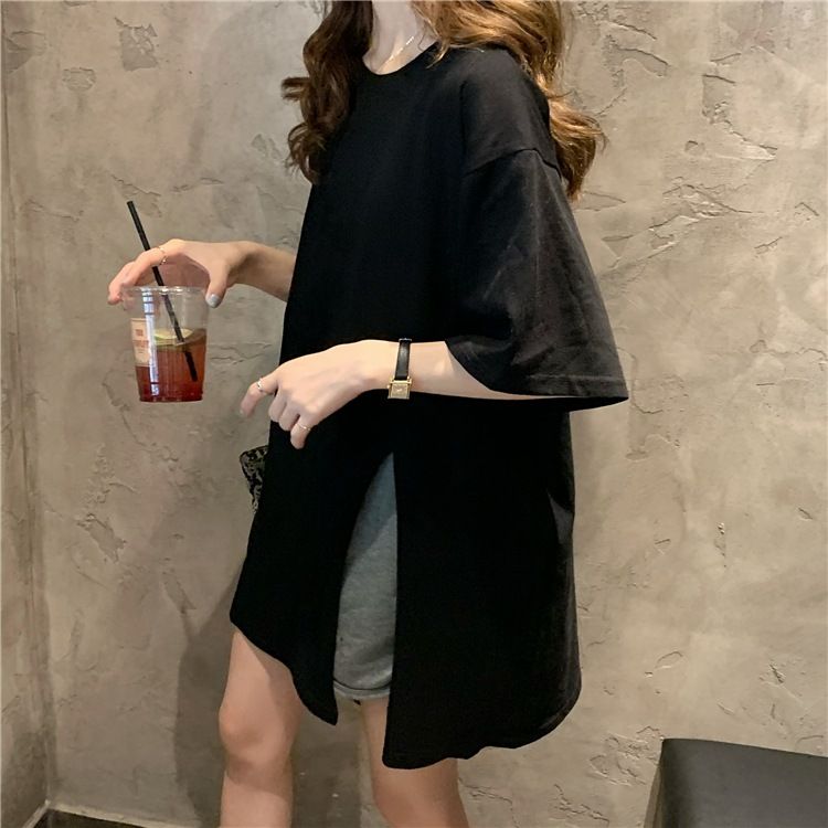 Pregnant women's T-shirt, summer Korean version, design sense, slit pregnant women's top, loose medium length, solid color, short sleeved T-shirt, trendy
