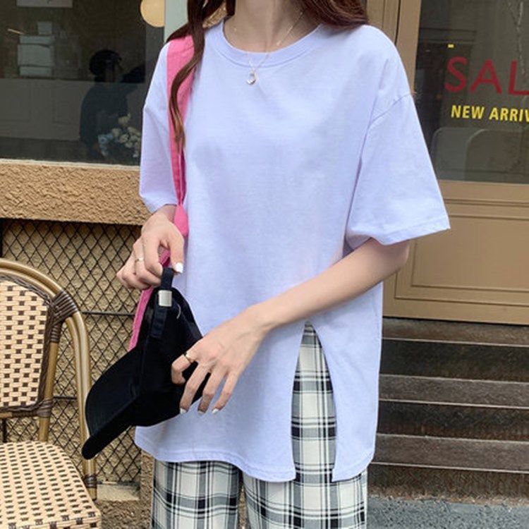 Pregnant women's T-shirt, summer Korean version, design sense, slit pregnant women's top, loose medium length, solid color, short sleeved T-shirt, trendy