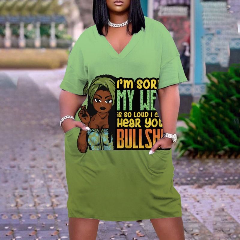 New large women's dress, loose medium length, 3D printed short sleeved dress, African V-neck short sleeved skirt, Bohemian style, Tiktok - popular