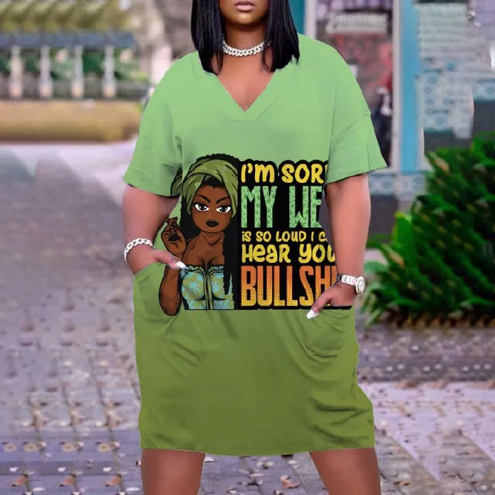 New large women's dress, loose medium length, 3D printed short sleeved dress, African V-neck short sleeved skirt, Bohemian style, Tiktok - popular