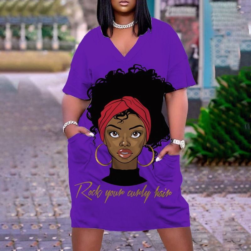 New large women's dress, loose medium length, 3D printed short sleeved dress, African V-neck short sleeved skirt, Bohemian style, Tiktok - popular