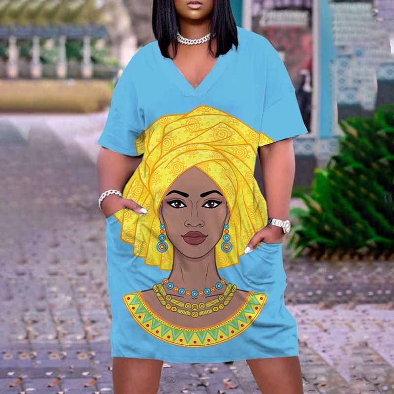 New large women's dress, loose medium length, 3D printed short sleeved dress, African V-neck short sleeved skirt, Bohemian style, Tiktok - popular