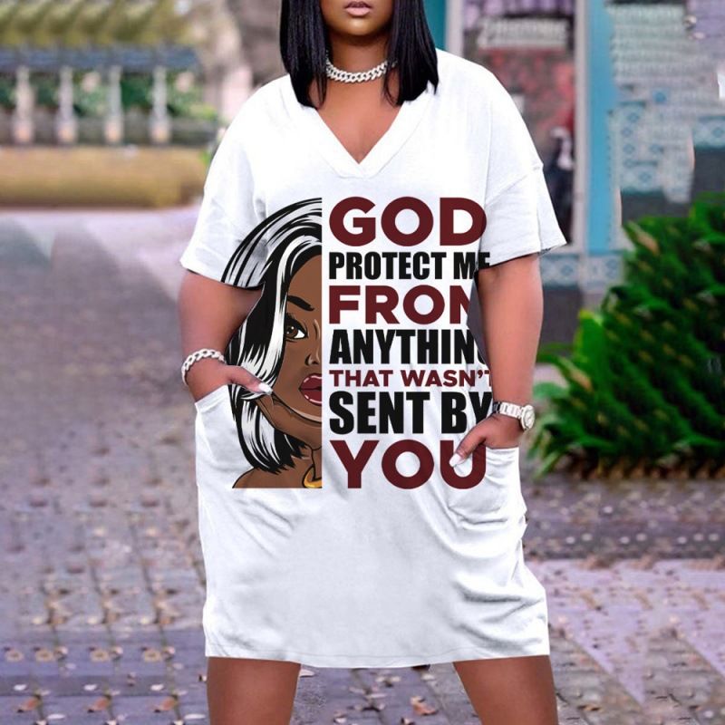 New large women's dress, loose medium length, 3D printed short sleeved dress, African V-neck short sleeved skirt, Bohemian style, Tiktok - popular