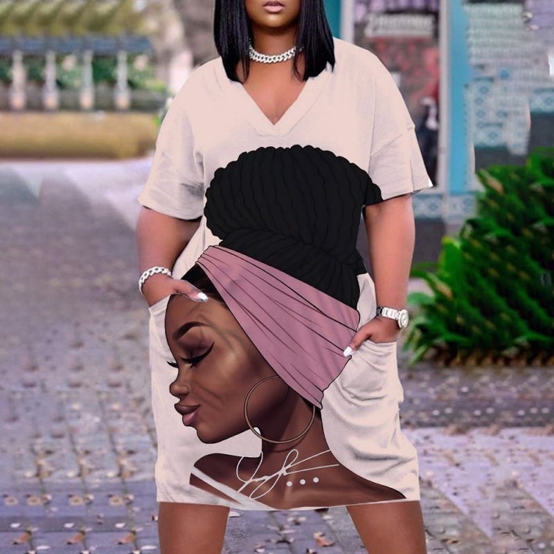New large women's dress, loose medium length, 3D printed short sleeved dress, African V-neck short sleeved skirt, Bohemian style, Tiktok - popular