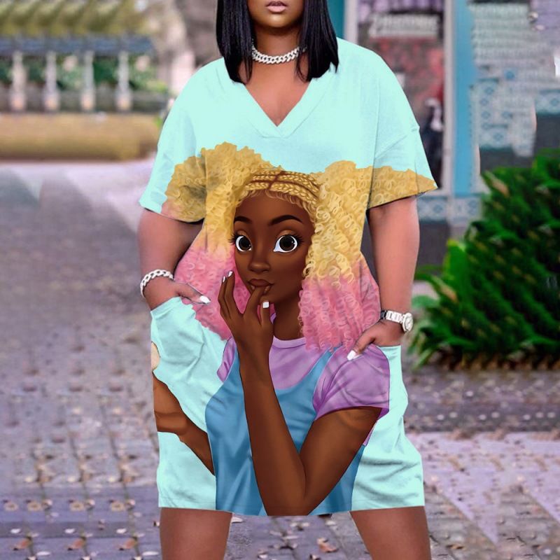 New large women's dress, loose medium length, 3D printed short sleeved dress, African V-neck short sleeved skirt, Bohemian style, Tiktok - popular