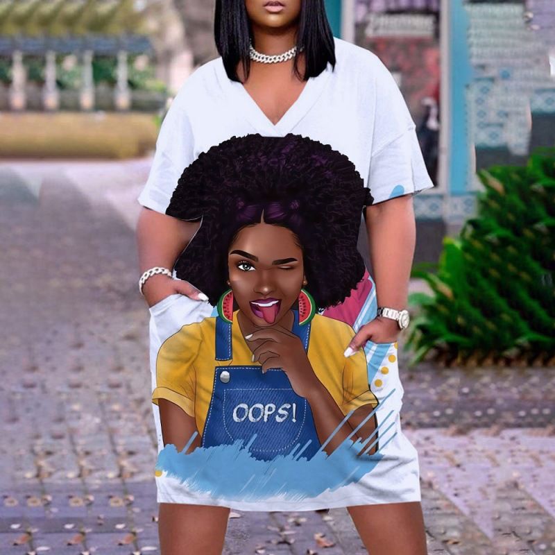 New large women's dress, loose medium length, 3D printed short sleeved dress, African V-neck short sleeved skirt, Bohemian style, Tiktok - popular