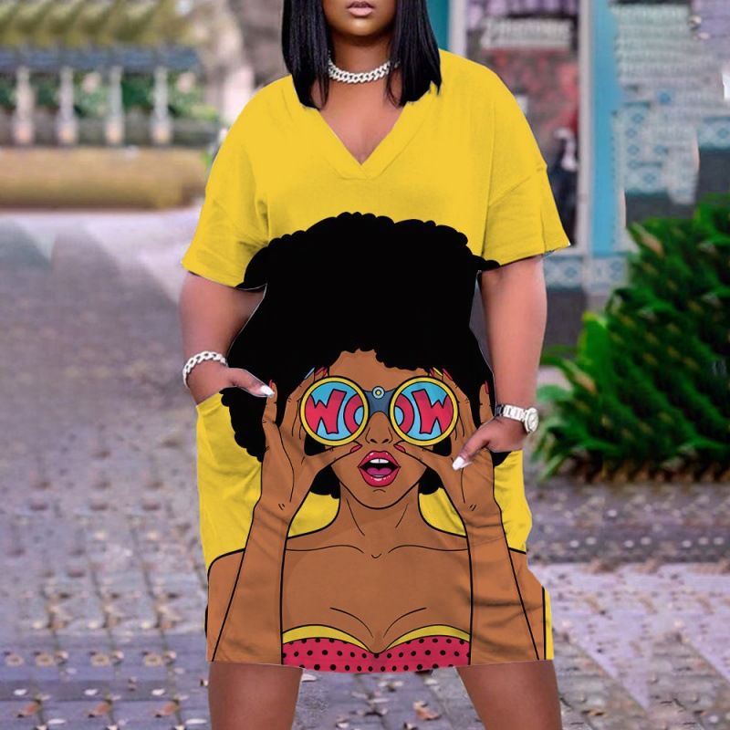 New large women's dress, loose medium length, 3D printed short sleeved dress, African V-neck short sleeved skirt, Bohemian style, Tiktok - popular