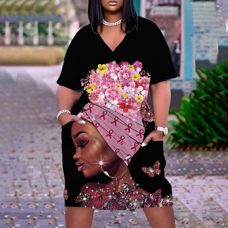 New large women's dress, loose medium length, 3D printed short sleeved dress, African V-neck short sleeved skirt, Bohemian style, Tiktok - popular