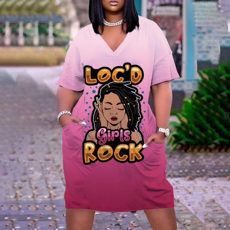 New large women's dress, loose medium length, 3D printed short sleeved dress, African V-neck short sleeved skirt, Bohemian style, Tiktok - popular