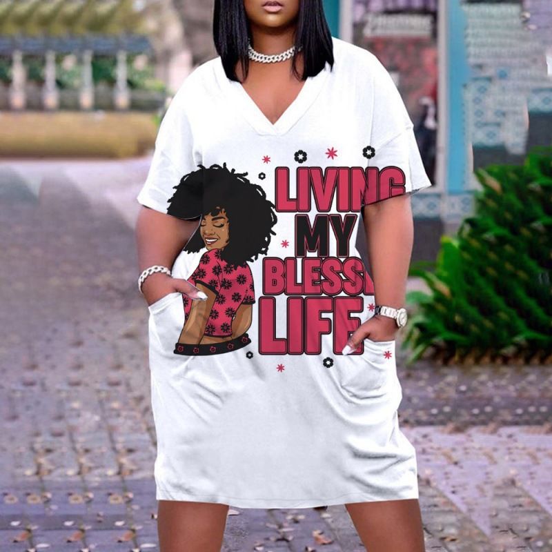 New large women's dress, loose medium length, 3D printed short sleeved dress, African V-neck short sleeved skirt, Bohemian style, Tiktok - popular