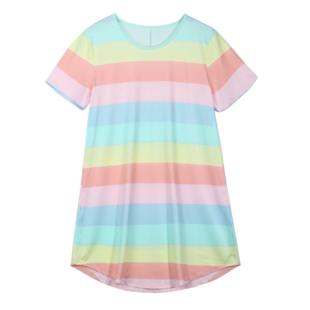 Spring/Summer New Short sleeved Rainbow Dress, Striped Loose T-shirt, Round Neck Swallow Tail hem Digital Printed Pajama Dress, Available in Large Size, Soft and Breathable, Fashionable and Versatile