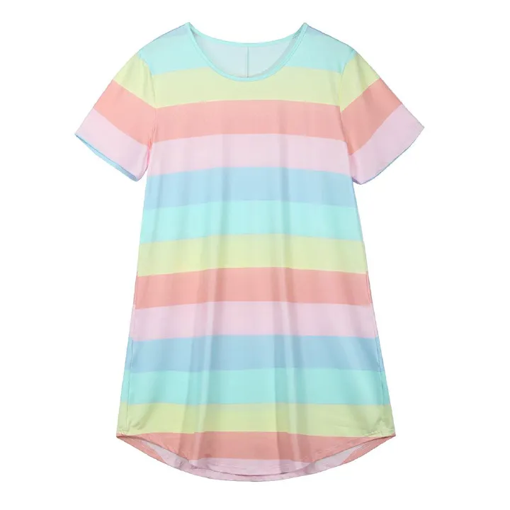 Spring/Summer New Short sleeved Rainbow Dress, Striped Loose T-shirt, Round Neck Swallow Tail hem Digital Printed Pajama Dress, Available in Large Size, Soft and Breathable, Fashionable and Versatile