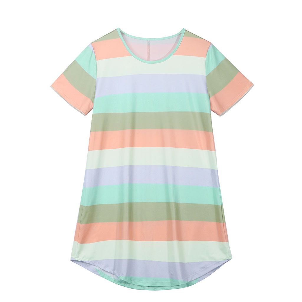 Spring/Summer New Short sleeved Rainbow Dress, Striped Loose T-shirt, Round Neck Swallow Tail hem Digital Printed Pajama Dress, Available in Large Size, Soft and Breathable, Fashionable and Versatile