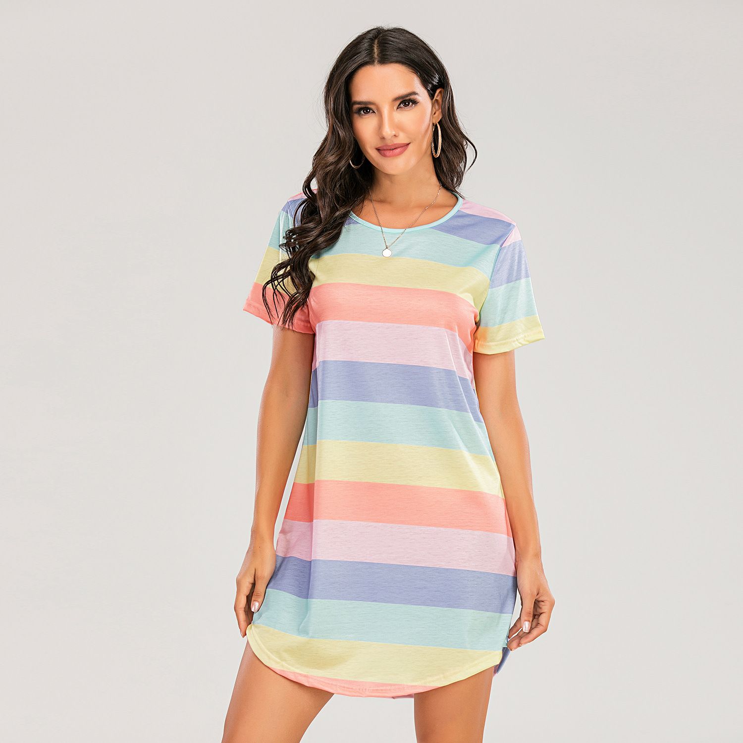 Spring/Summer New Short sleeved Rainbow Dress, Striped Loose T-shirt, Round Neck Swallow Tail hem Digital Printed Pajama Dress, Available in Large Size, Soft and Breathable, Fashionable and Versatile