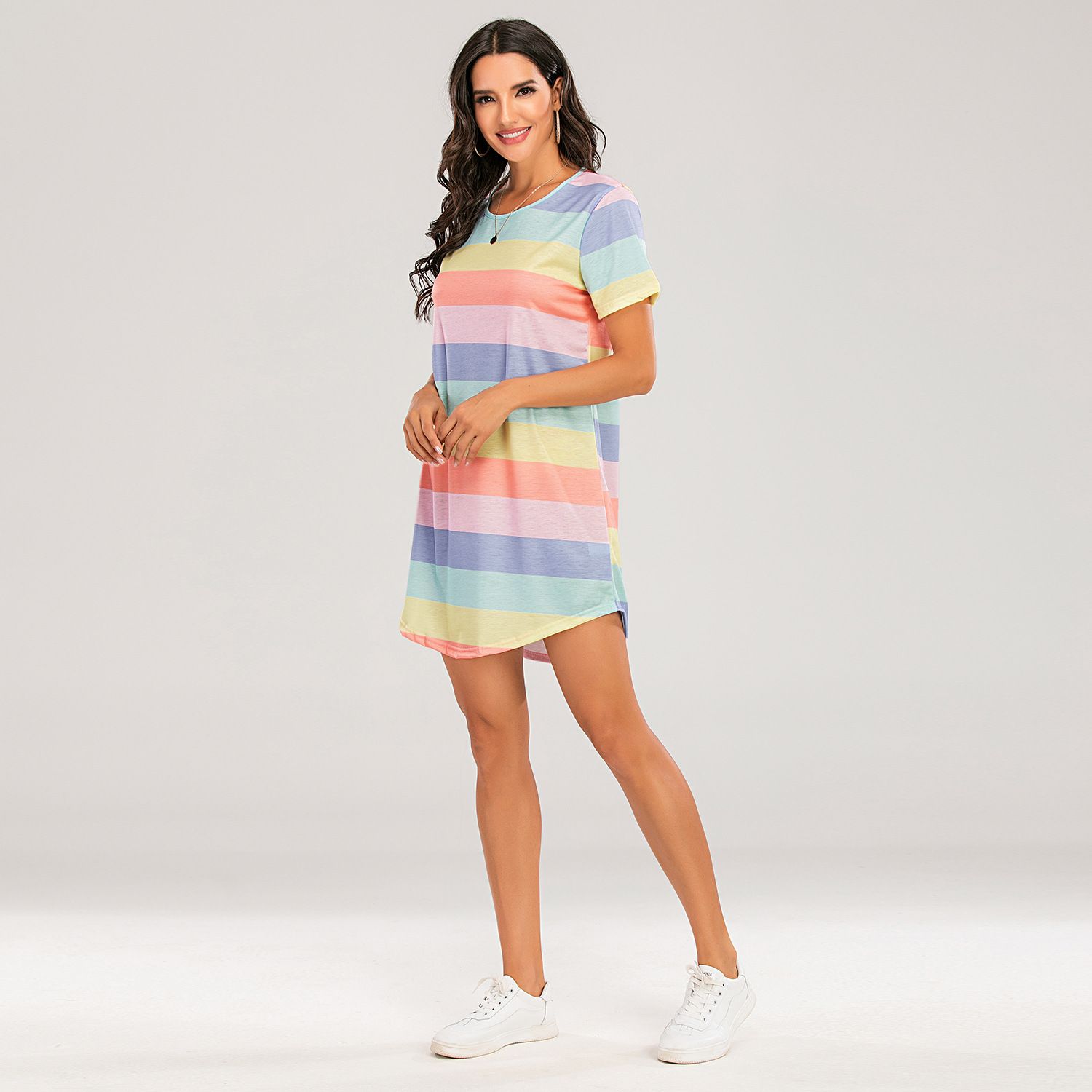 Spring/Summer New Short sleeved Rainbow Dress, Striped Loose T-shirt, Round Neck Swallow Tail hem Digital Printed Pajama Dress, Available in Large Size, Soft and Breathable, Fashionable and Versatile