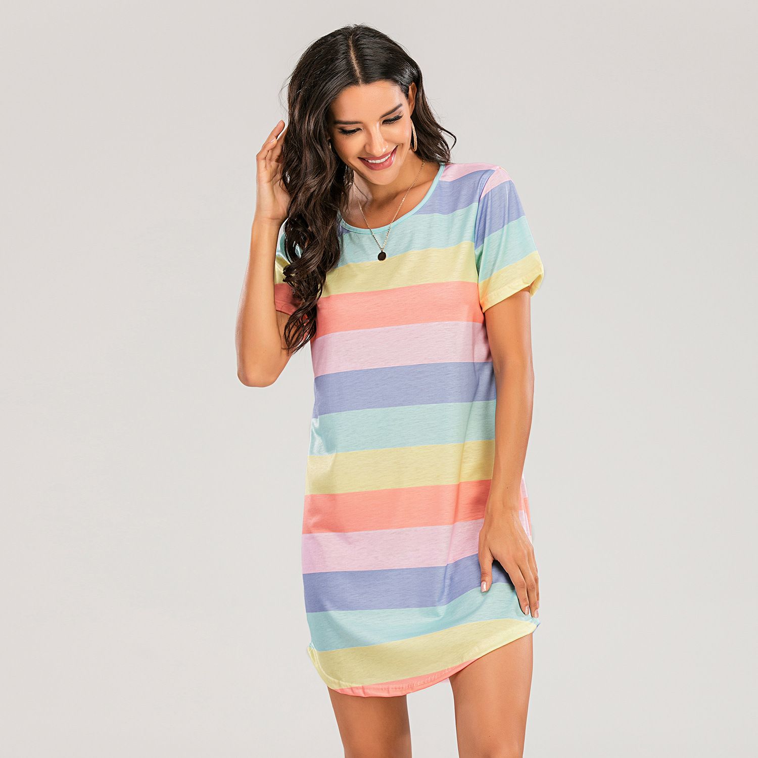 Spring/Summer New Short sleeved Rainbow Dress, Striped Loose T-shirt, Round Neck Swallow Tail hem Digital Printed Pajama Dress, Available in Large Size, Soft and Breathable, Fashionable and Versatile