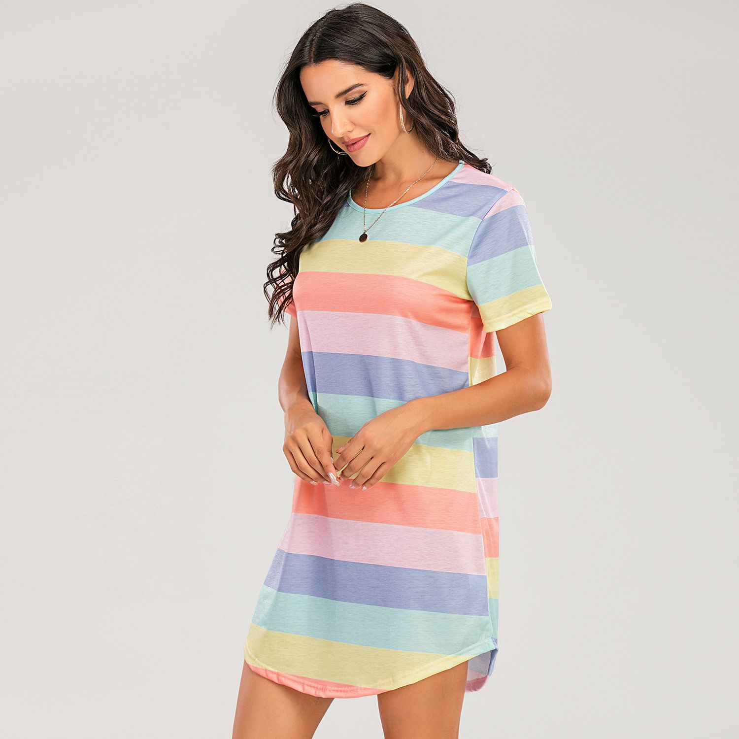 Spring/Summer New Short sleeved Rainbow Dress, Striped Loose T-shirt, Round Neck Swallow Tail hem Digital Printed Pajama Dress, Available in Large Size, Soft and Breathable, Fashionable and Versatile