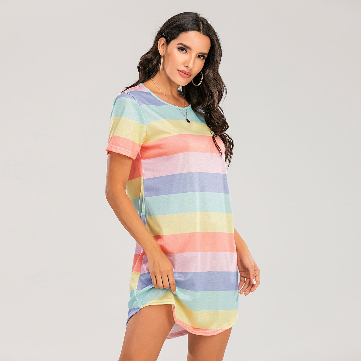 Spring/Summer New Short sleeved Rainbow Dress, Striped Loose T-shirt, Round Neck Swallow Tail hem Digital Printed Pajama Dress, Available in Large Size, Soft and Breathable, Fashionable and Versatile