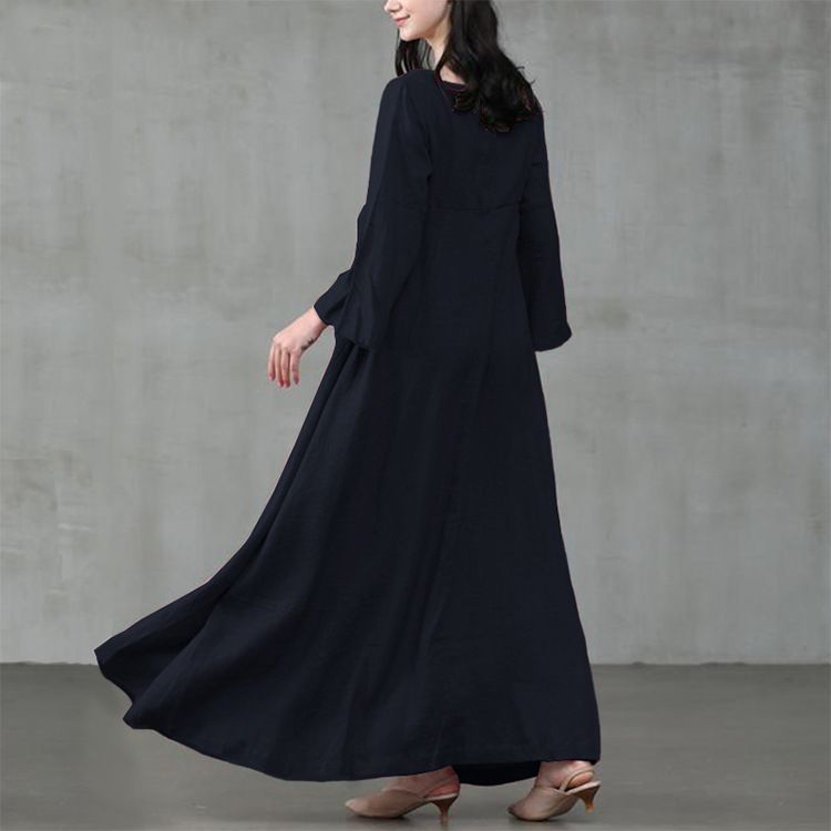 Chinese style retro loose waisted women's dress in plus size, chubby girl appears slim, elegant and dignified, large swing dress