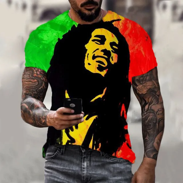 Summer new Bob Marley rapper 3D printed T-shirt, fashionable plus size couple parent-child T-shirt, casual short sleeved round neck top, hot selling street hip-hop T-shirt