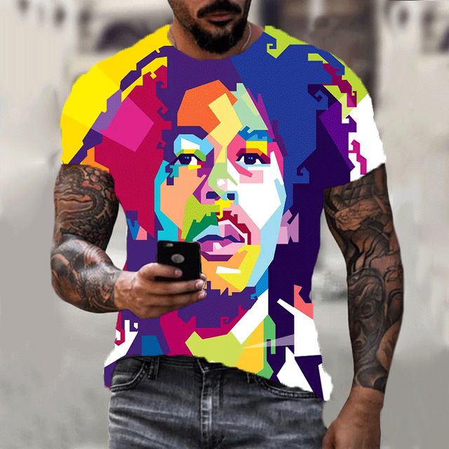 Summer new Bob Marley rapper 3D printed T-shirt, fashionable plus size couple parent-child T-shirt, casual short sleeved round neck top, hot selling street hip-hop T-shirt