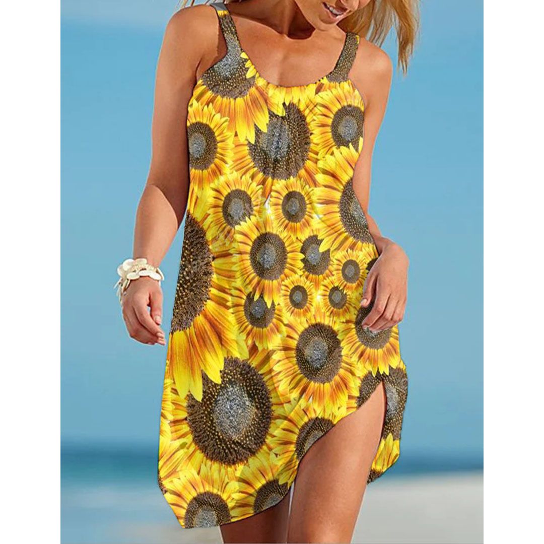 2024 New Summer Dress, Sunflower 3D Printed Skirt, Strap Beach Dress, Fashionable Sleeveless Loose Skirt, Printed Casual Tank Top, Versatile Style
