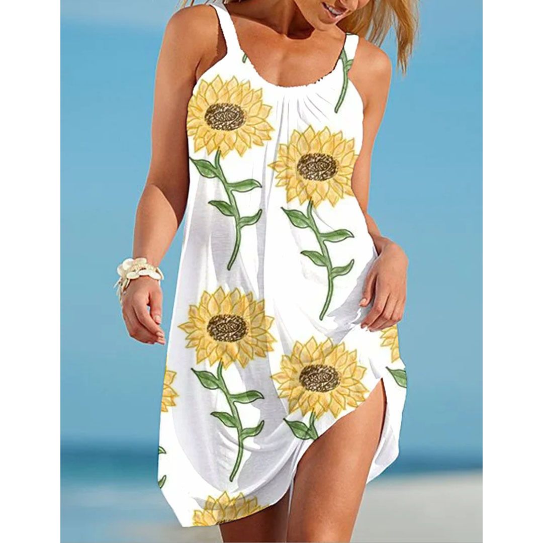 2024 New Summer Dress, Sunflower 3D Printed Skirt, Strap Beach Dress, Fashionable Sleeveless Loose Skirt, Printed Casual Tank Top, Versatile Style