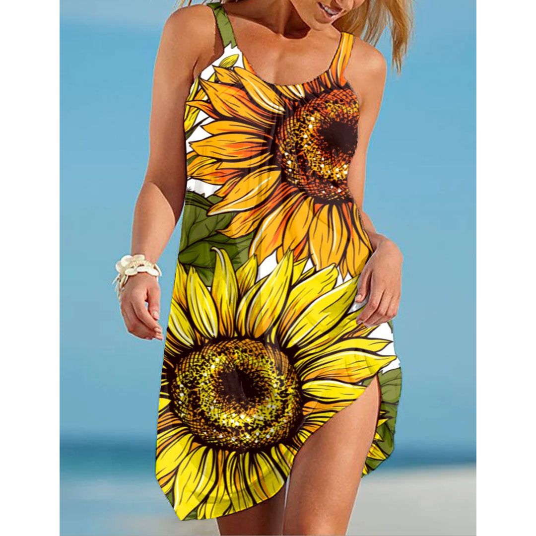 2024 New Summer Dress, Sunflower 3D Printed Skirt, Strap Beach Dress, Fashionable Sleeveless Loose Skirt, Printed Casual Tank Top, Versatile Style