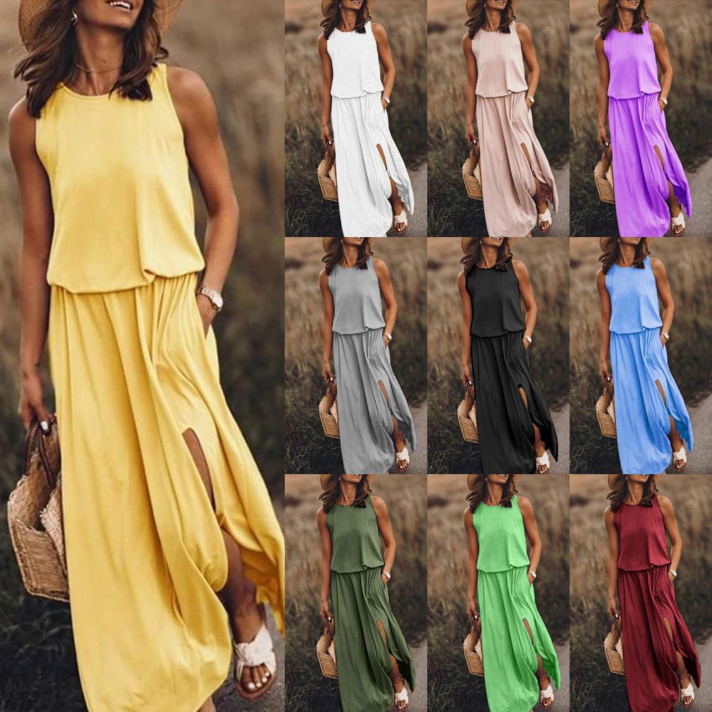 Amazon's best-selling 2024 summer women's clothing, trendy retro round neck sleeveless long skirt, split solid color two-piece dress, simple and elegant, fashionable and versatile skirt