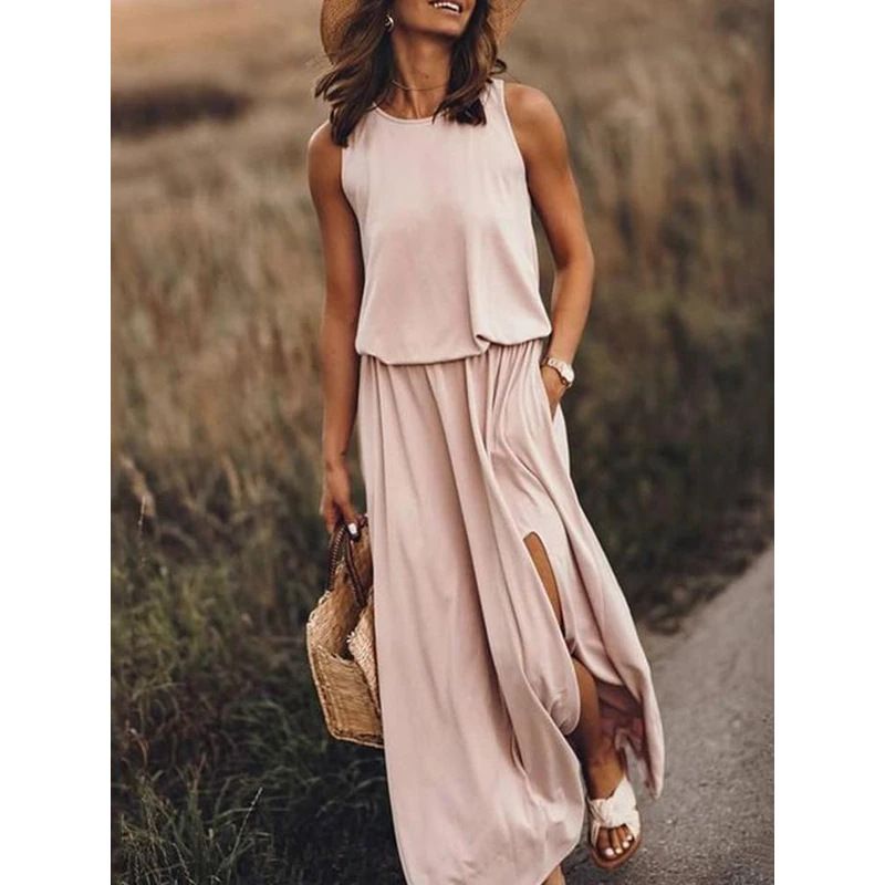 Amazon's best-selling 2024 summer women's clothing, trendy retro round neck sleeveless long skirt, split solid color two-piece dress, simple and elegant, fashionable and versatile skirt