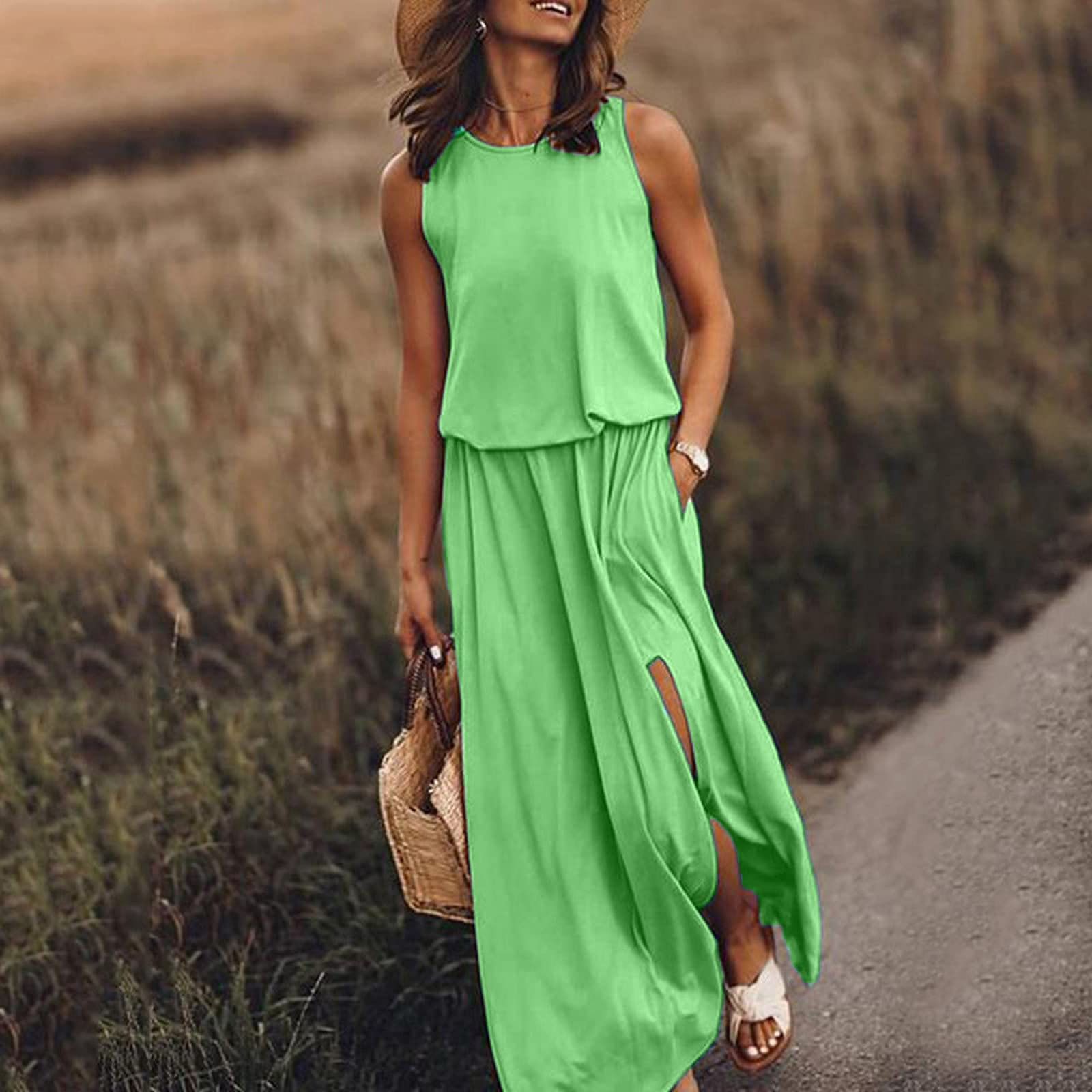 Amazon's best-selling 2024 summer women's clothing, trendy retro round neck sleeveless long skirt, split solid color two-piece dress, simple and elegant, fashionable and versatile skirt