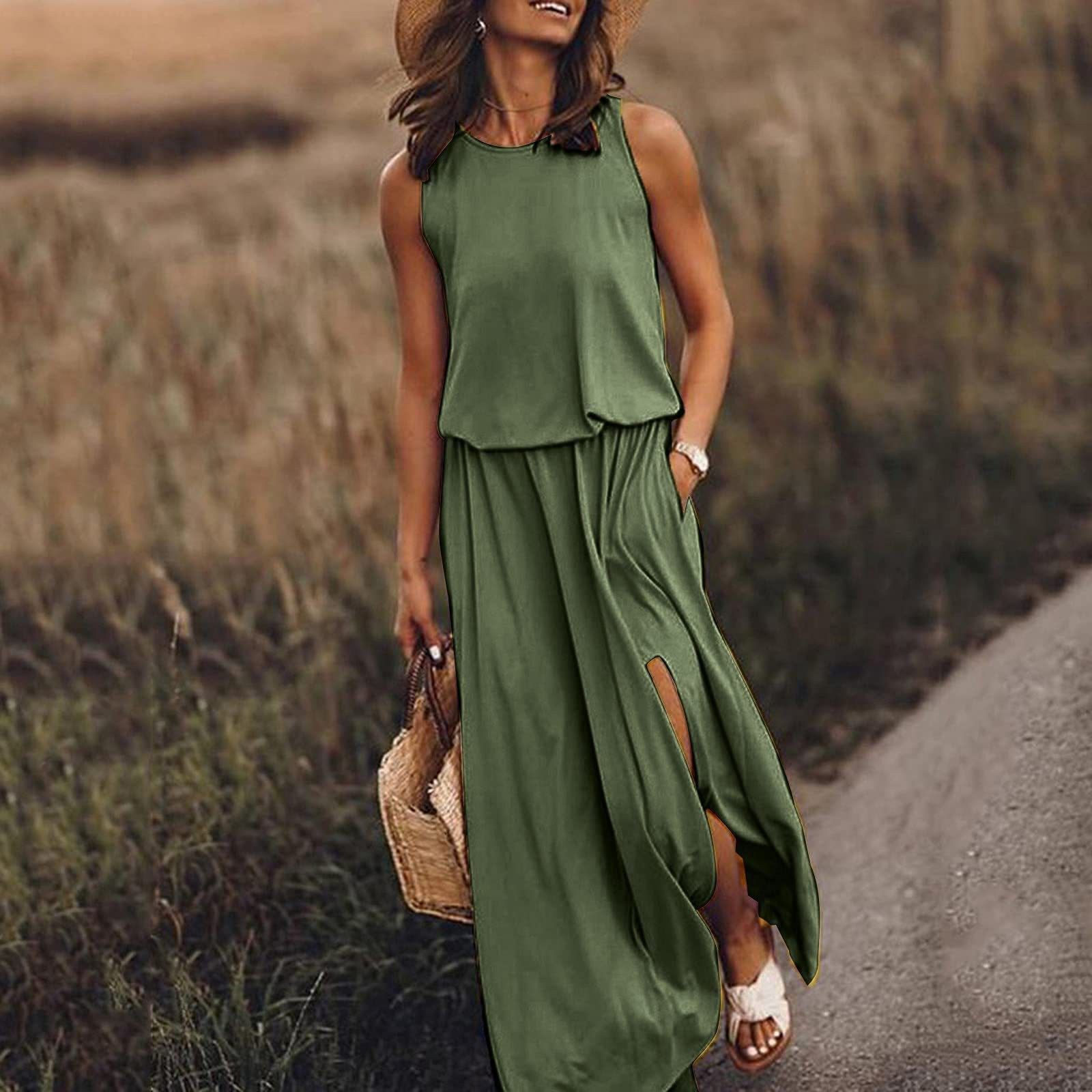 Amazon's best-selling 2024 summer women's clothing, trendy retro round neck sleeveless long skirt, split solid color two-piece dress, simple and elegant, fashionable and versatile skirt