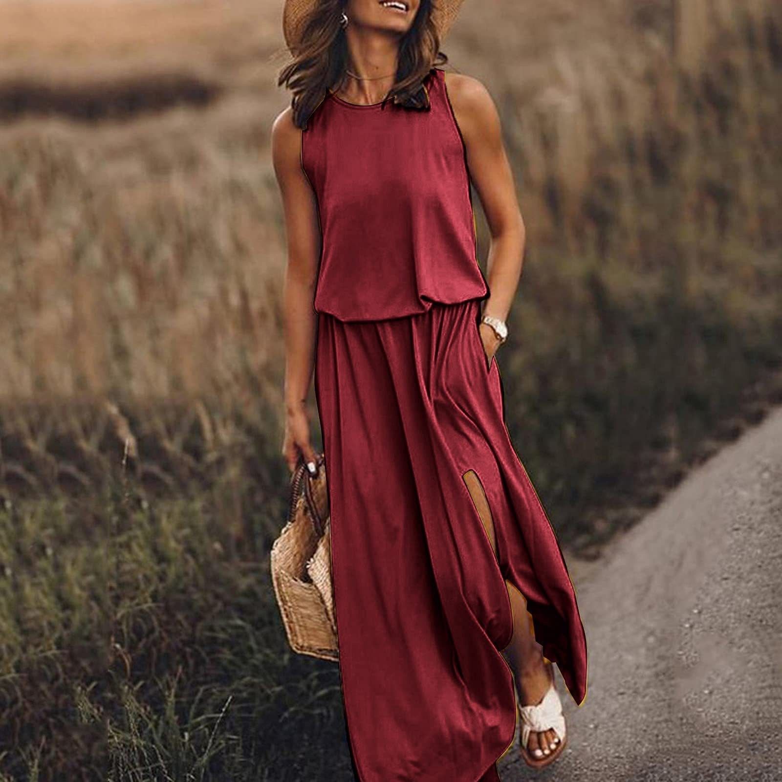 Amazon's best-selling 2024 summer women's clothing, trendy retro round neck sleeveless long skirt, split solid color two-piece dress, simple and elegant, fashionable and versatile skirt